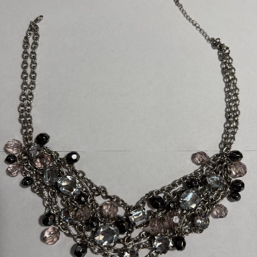 Necklace - Silver Metal Beaded Choker; silver, pale pink, black and iridescent